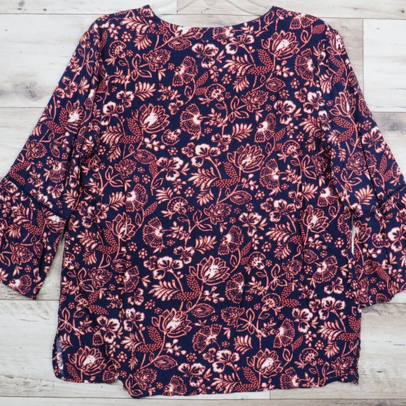 Gloria Vanderbilt* Women's Flared Long Sleeve V-Neck Blouse Medium Black/Orange - Picture 2 of 7